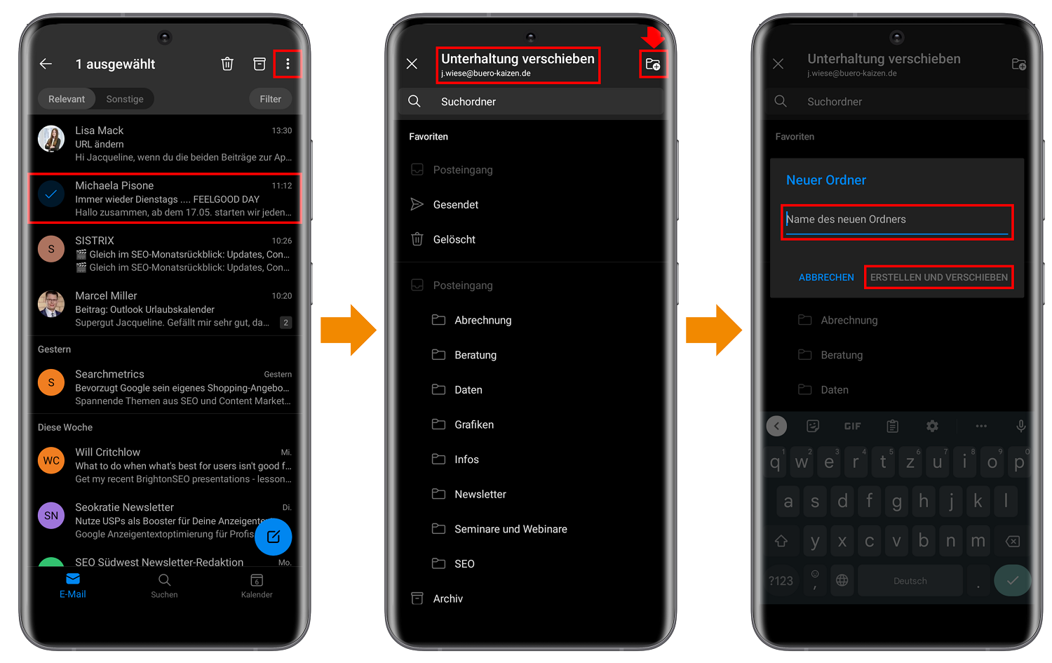 Outlook-App Smartphone: Einen neuen Ordner erstellen.