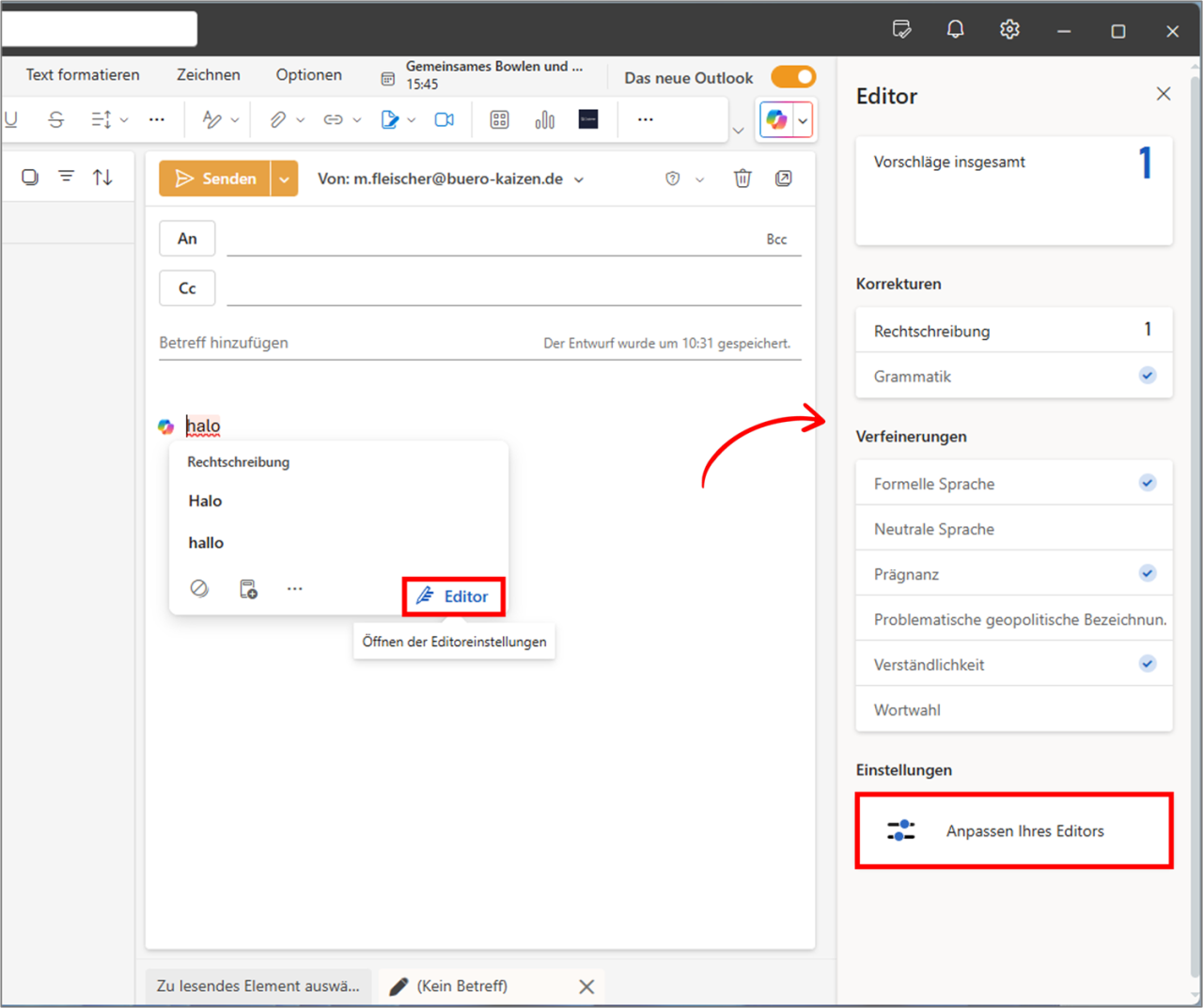 Outlook Sprache ändern und Korrekturhilfe festlegen (Anleitung)