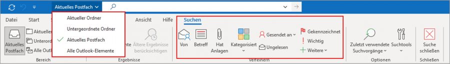 Sie können über die Suchleiste am oberen Rand alle E-Mails in Outlook suchen. Dabei helfen Ihnen die erweiterten Suchfunktionen.