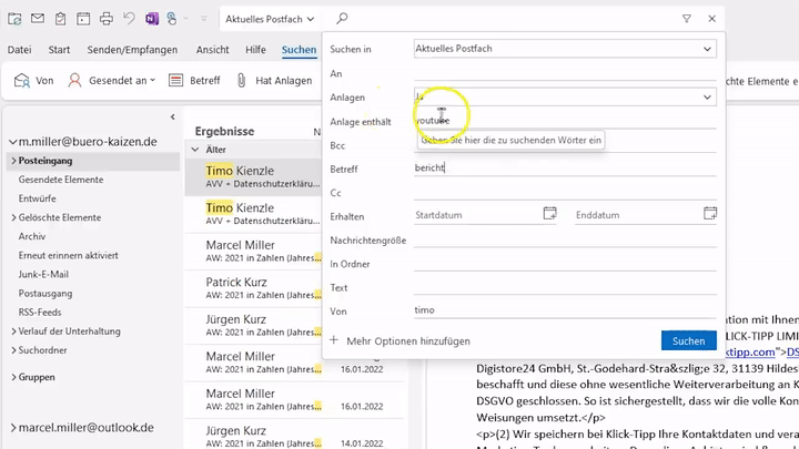 Suchfunktion in Outlook