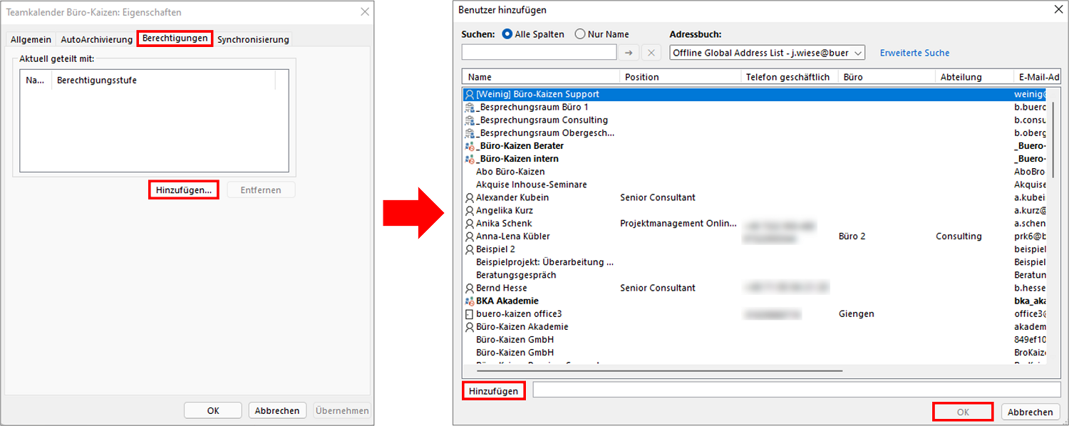 Über die Berechtigungen können Sie Benutzer zu Ihrem Teamkalender in Outlook hinzufügen.