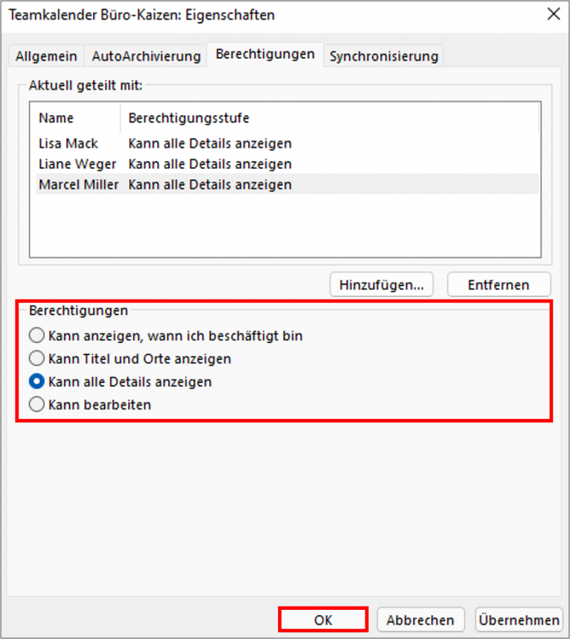 Die Teilnehmer zum Teamkalender in Outlook hinzufügen und individuelle Berechtigungen festlegen.