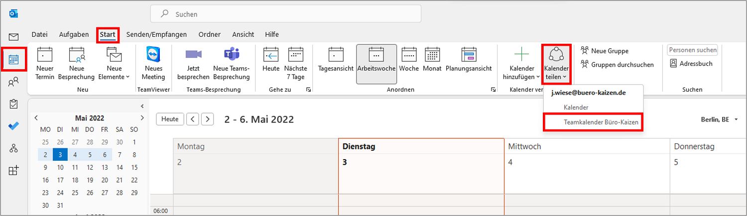 Wenn Sie Berechtigungen für Ihren Teamkalender vergeben möchten, müssen Sie den Kalender teilen.