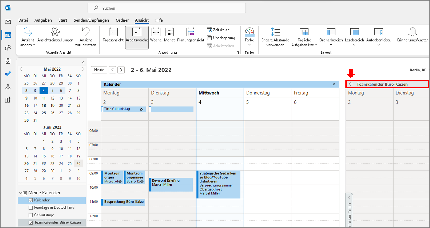 Den Teamkalender in Outlook überlagert anzeigen lassen.