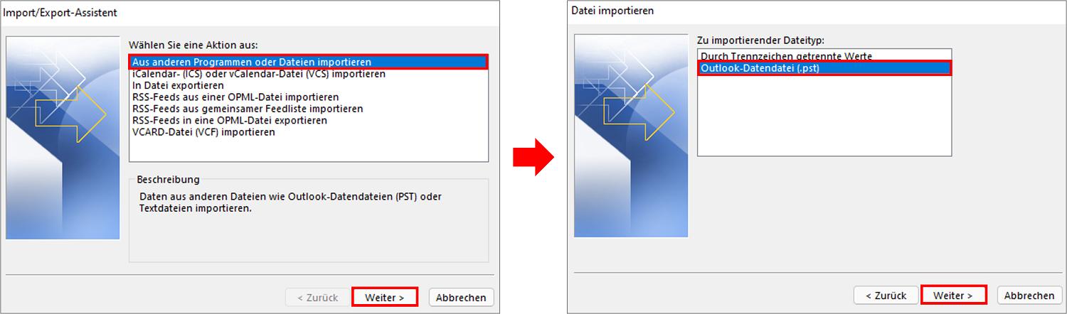 Outlook umziehen: Mit dem Import/Export-Assistent die Datei importieren.