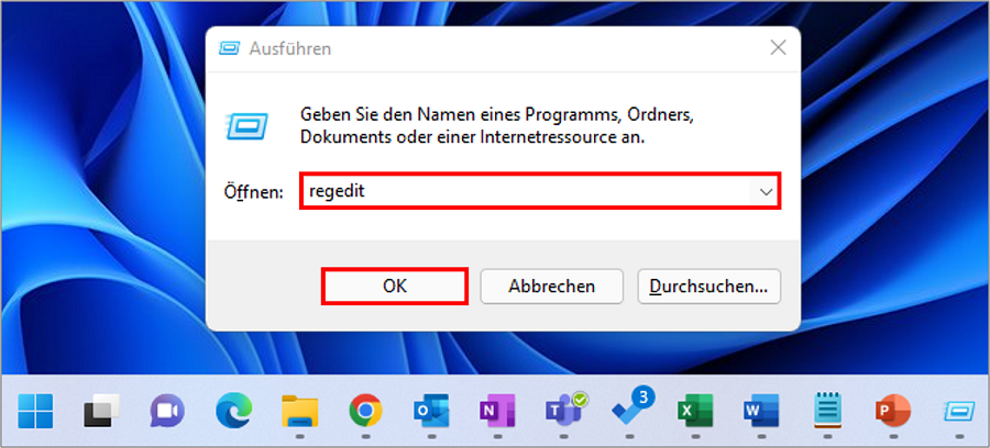 Outlook umziehen: Den Registrierungs-Editor über "Start" öffnen.