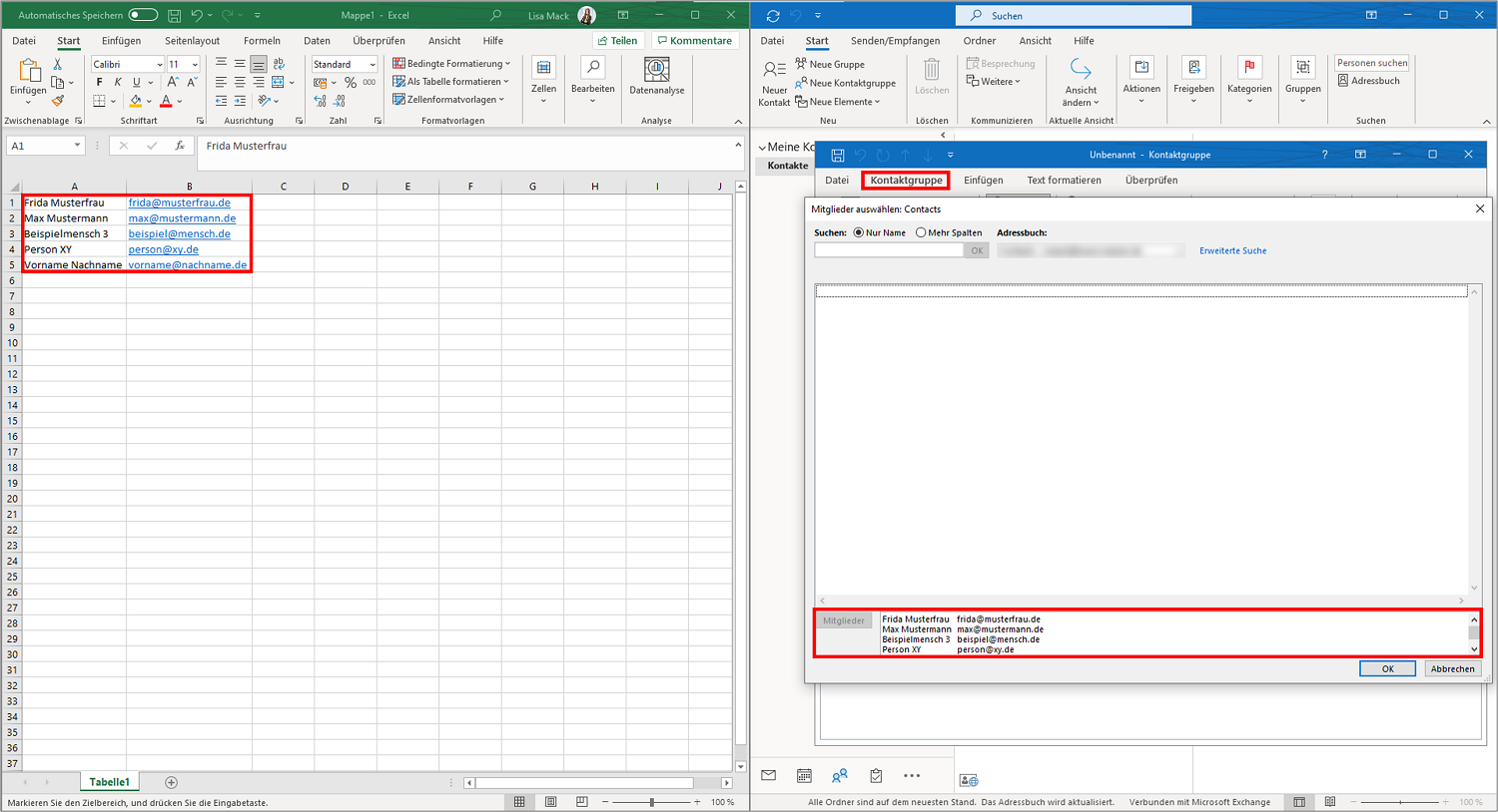 Auch das Anlegen eines neuen Verteilers aus Excel heraus ist ganz einfach. Sie müssen lediglich die Namen und E-Mailadressen in Excel kopieren und in die Zeile "Mitglieder" einer neuen Kontaktgruppe einfügen bzw. hineinkopieren, fertig!