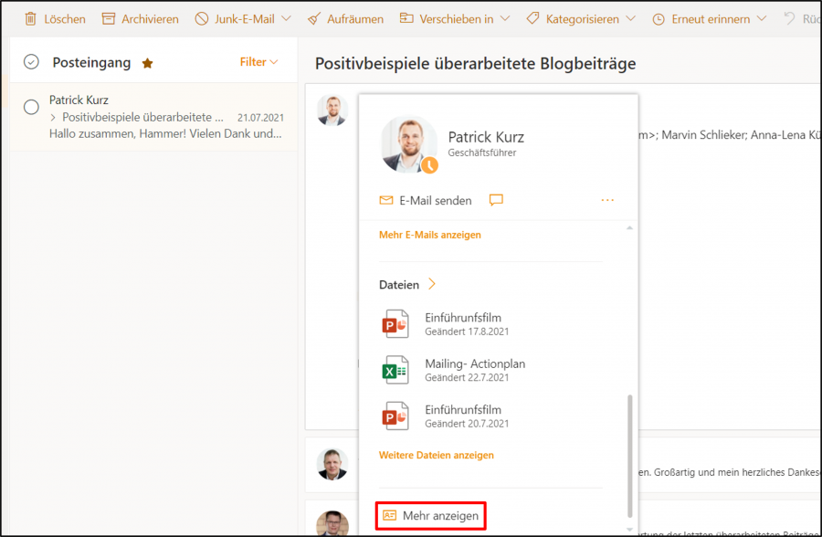 Per Mouseover öffnen sich Informationen in der Outlook Web App zur ausgewählten Mail.