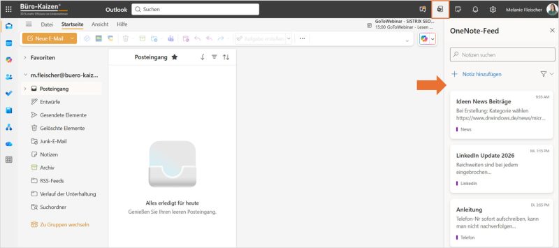 OneNote-Feed und Unterhaltungen in Outlook im Web