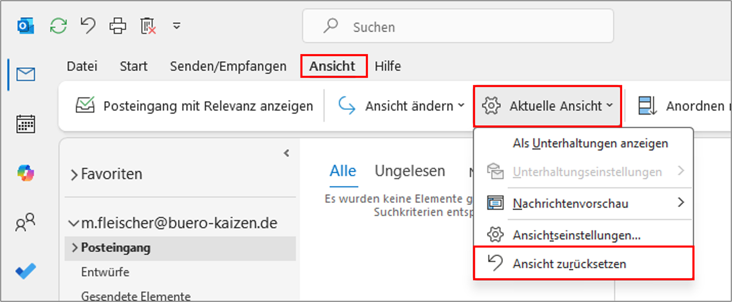 Outlook zurücksetzen Ansicht