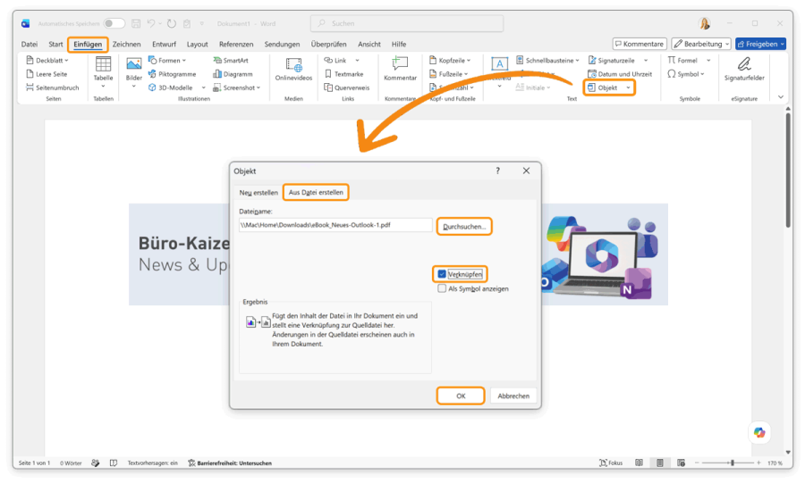PDF in Word einfügen: PDF als Anhang