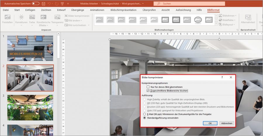 Damit Ihre Powerpoint Datei nicht unnötigen Speicherplatz füllt, können Sie die Bilder je nach Bedarf komprimieren.