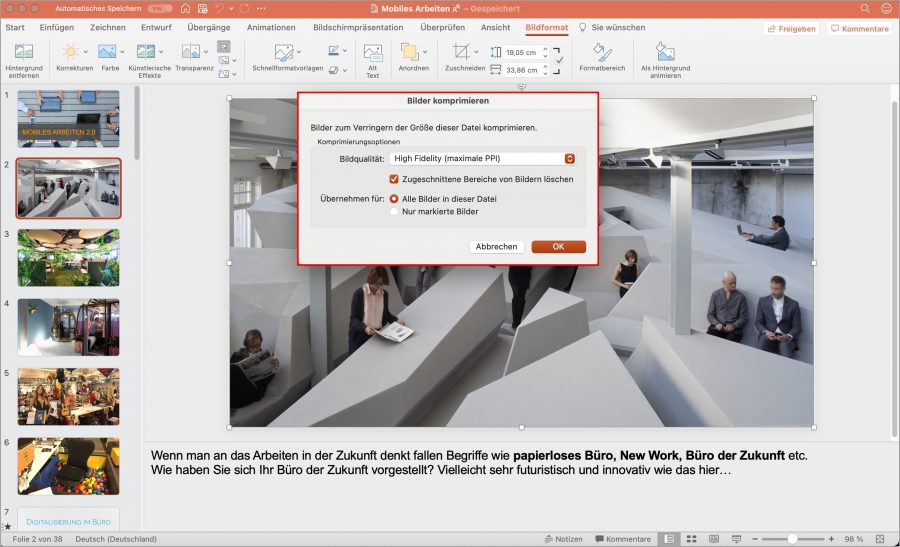 Damit Ihre PowerPoint Datei nicht unnötigen Speicherplatz auf dem MacBook füllt, können Sie die Bilder je nach Bedarf komprimieren und zugeschnittene Bildbereiche löschen.