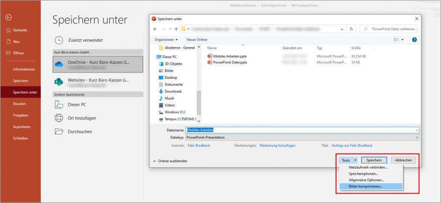 Im Bereich "Datei" Ihrer PowerPoint-Datei können Sie alle Bilder auf einmal komprimieren.