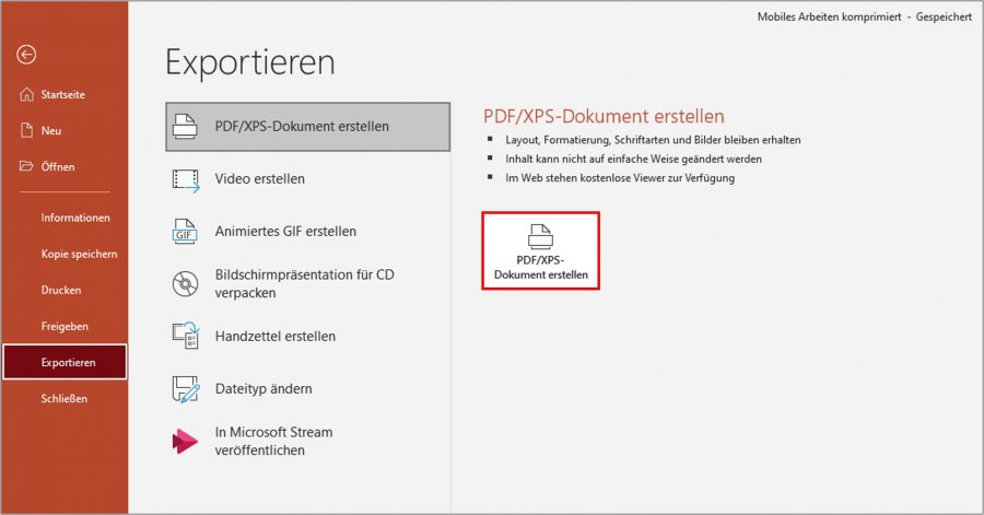 Wenn Sie eine PowerPoint Datei verkleinern möchten, können Sie diese auch als PDF-Datei abspeichern, wenn keine Änderungen mehr anfallen.