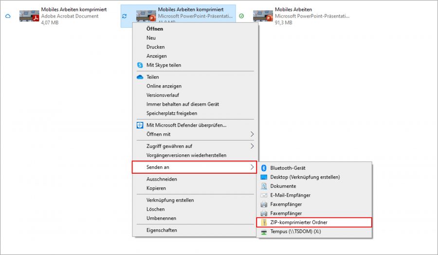 Über die rechte Maustaste können Sie Ihre PowerPoint-Datei auch als ZIP-komprimierten Ordner abspeichern.