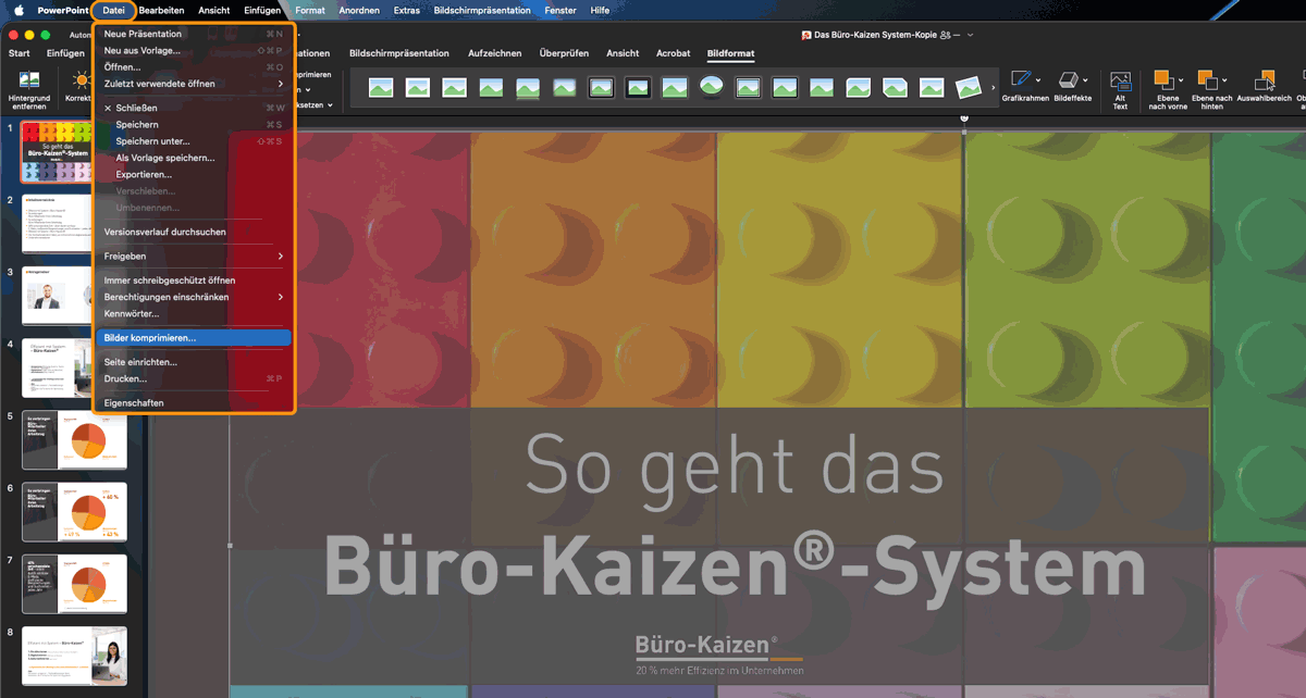 PowerPoint Dateien verkleiner: Alle Bilder der Präsentation am Mac verkleinern.