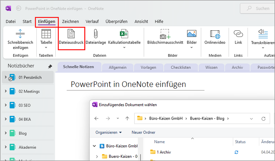 PowerPoint-Präsentation als Dateiausdruck in OneNote einfügen