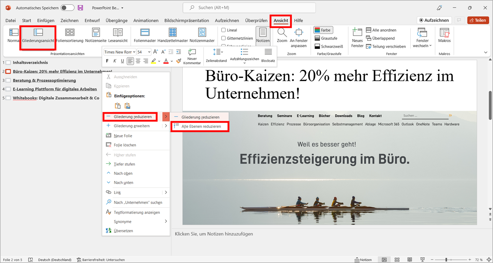 Das Inhaltsverzeichnis in PowerPoint kopieren Sie sich am einfachsten aus der Gliederungsansicht (am linken Bildschirmrand). Bild: Microsoft PowerPoint, Büro-Kaizen.