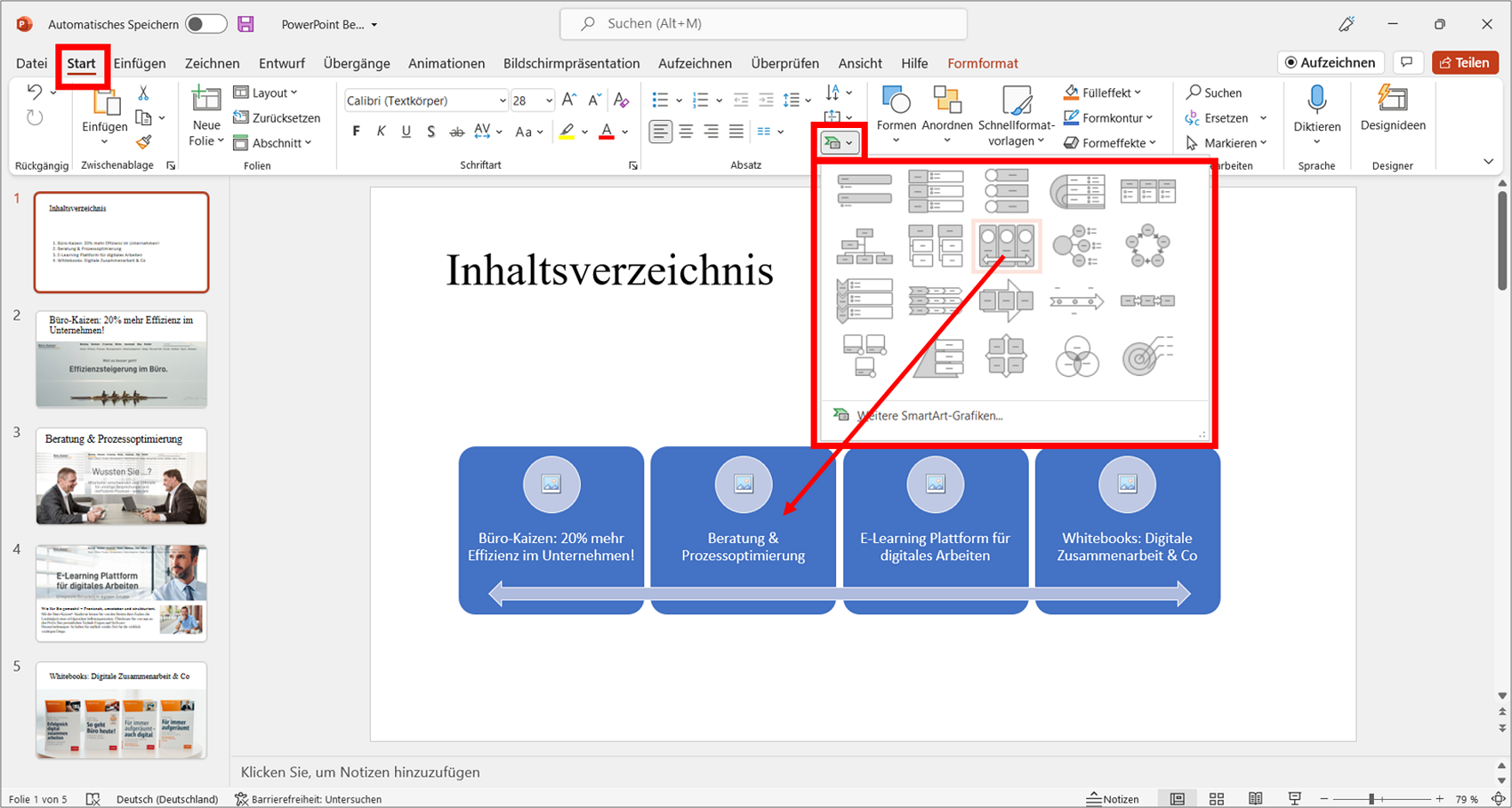 Statt einer schnöden Aufzählungsliste können Sie mit der SmartArt-Funktion in PowerPoint Ihre Inhaltsangabe per Mausklick in eine visuell beeindruckende Grafik umwandeln. Bild: Microsoft PowerPoint, Büro-Kaizen.