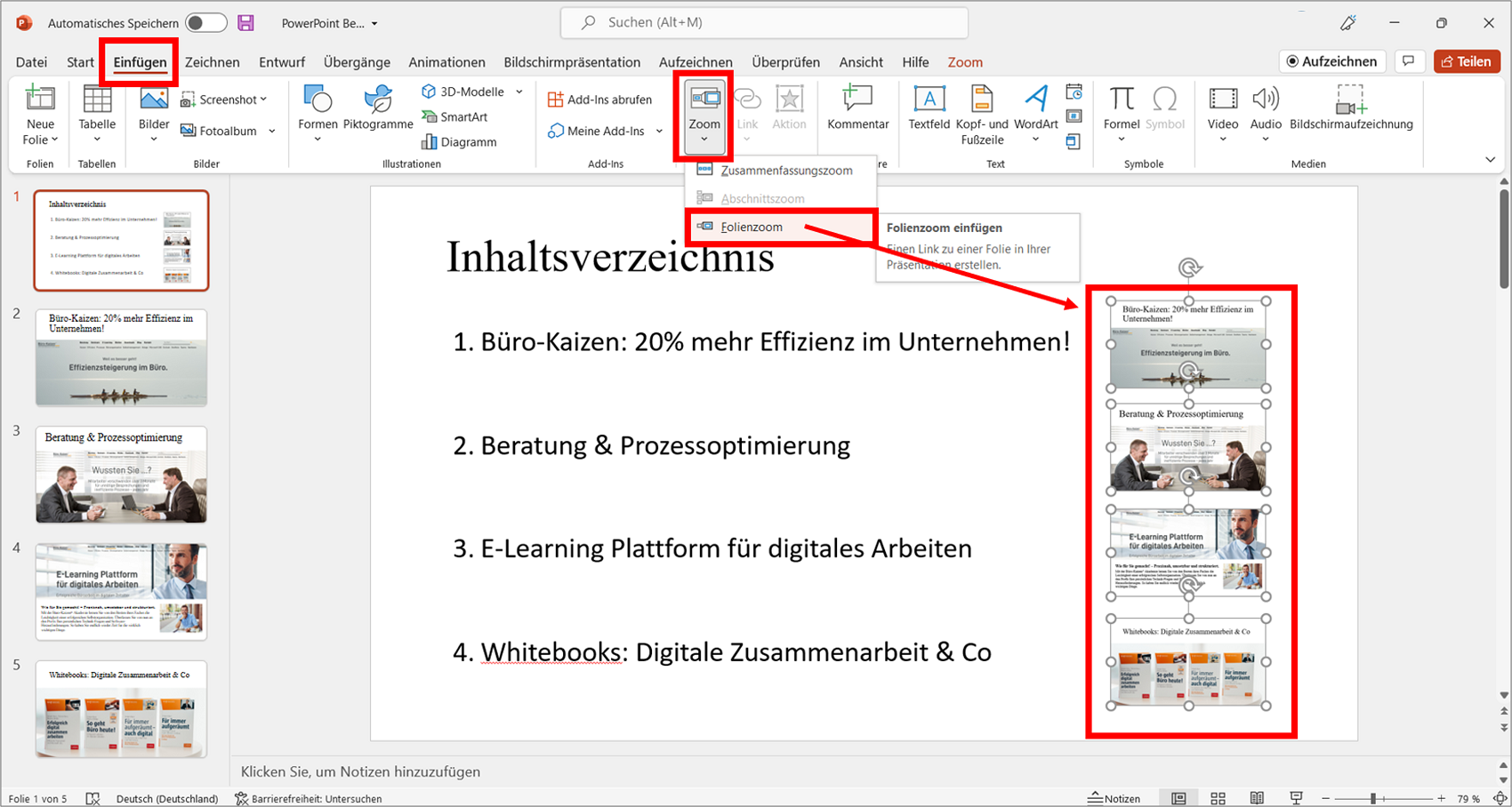 Mit der Zoom-Funktion können Sie in PowerPoint ein interaktives Inhaltsverzeichnis mit anklickbaren Miniaturfolien erstellen. Bild: Microsoft PowerPoint, Büro-Kaizen.