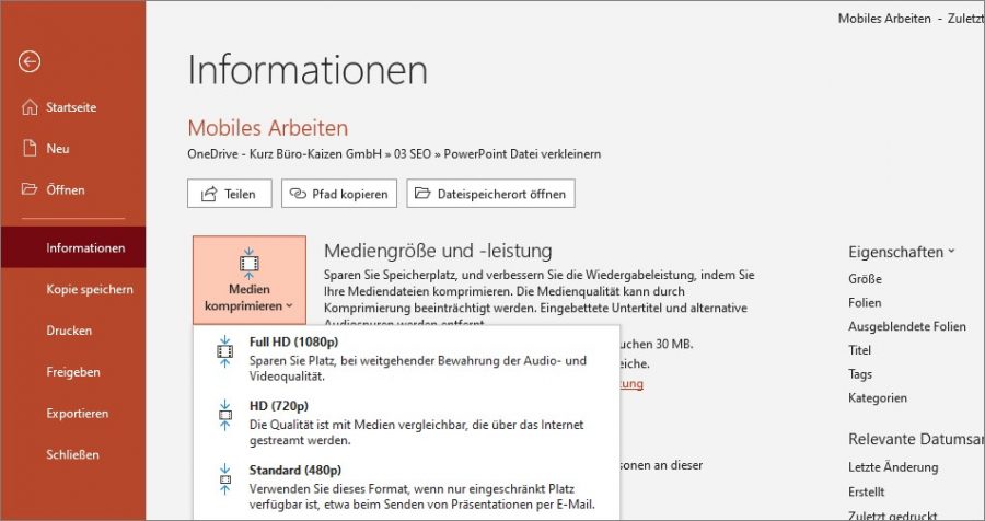 Um große Videos und Audios in einer PowerPoint-Datei zu verkleinern, müssen Sie auf "Datei", "Informationen" und dann "Medien komprimieren" klicken.