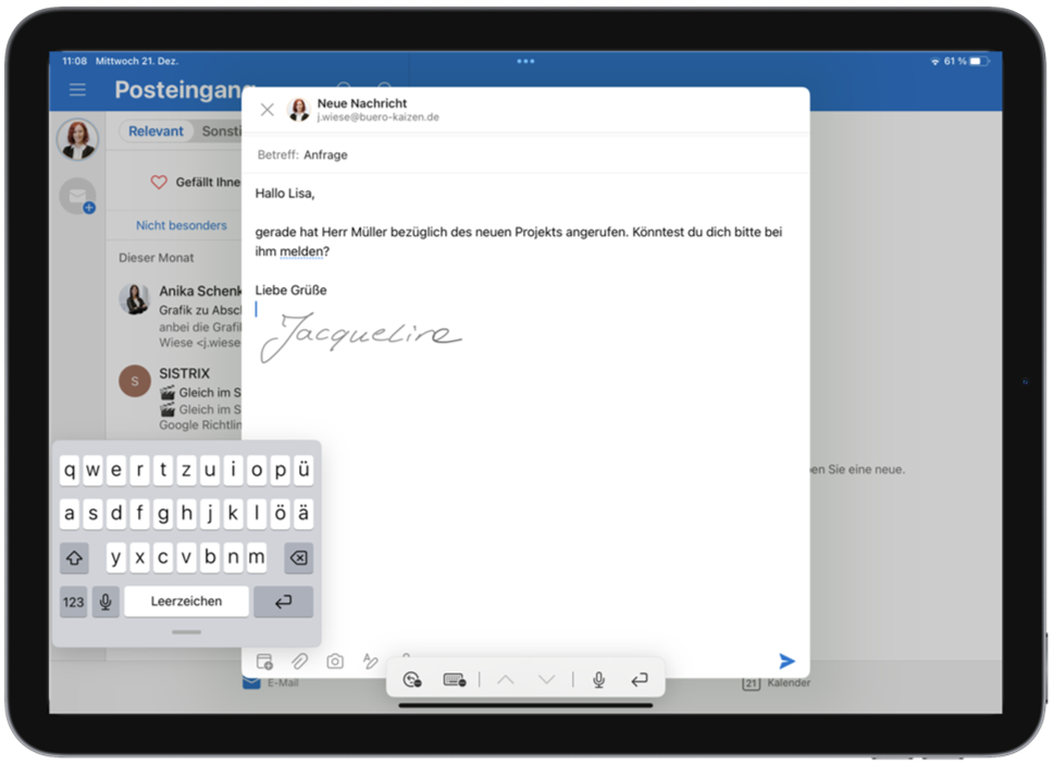 Scribble iPad: Auch in E-Mails wird die Handschrift automatisch in Maschinenschrift umgewandelt.