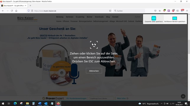 Um einen Scrolling-Screenshot einer ganzen Seite inklusive den (noch) nicht sichtbaren Seitenbereichen anzufertigen, nutzen Sie am einfachsten den Browser.