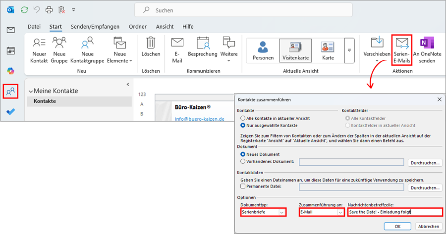 Serienmail Outlook Adressen auswählen