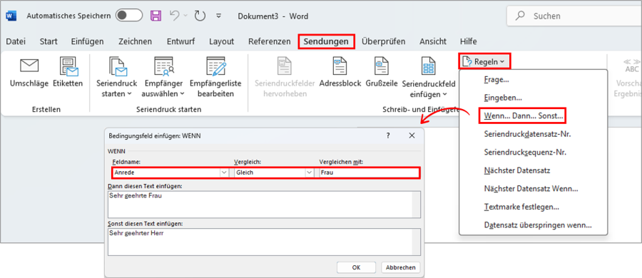Serienmail Outlook Word Regel