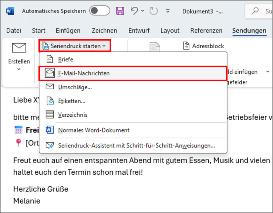 Serienmails Outlook Word