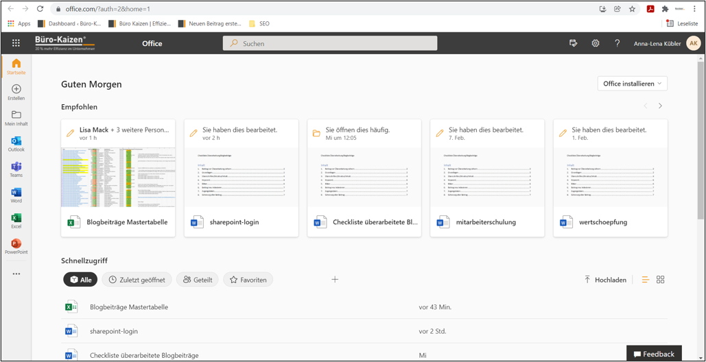 Nachdem Sie sich bei SharePoint eingeloggt haben, sehen Sie Ihre individuelle Startseite.
