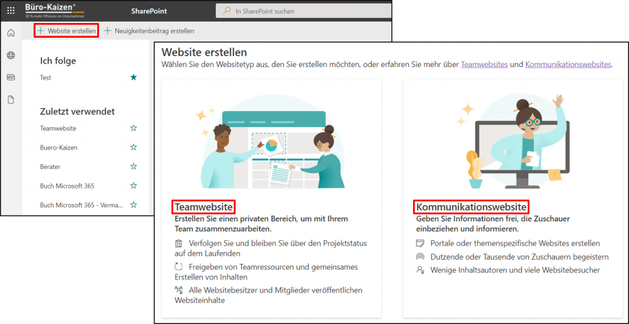 Erstellen Sie in nur wenigen Schritten Ihre eigene Website in SharePoint.