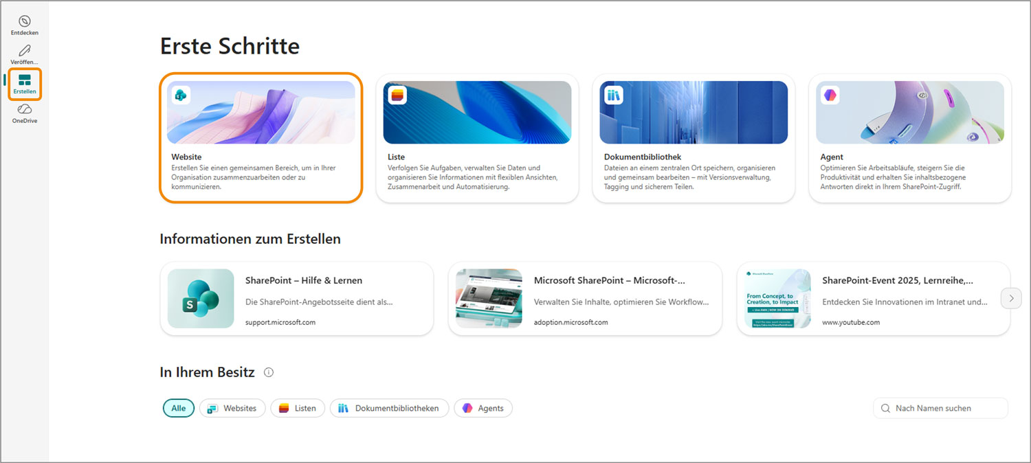 SharePoint Website erstellen erste Schritte