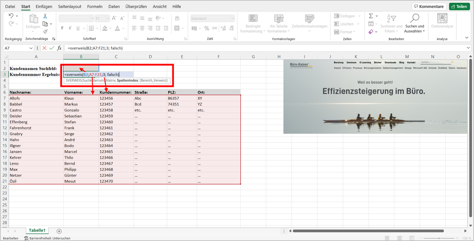 Die erste Stelle in der Sverweis-Formel in Excel ist immer die Zelle, in der die Sucheingabe hineingetippt wird (hier B2). Die zweite Stelle markiert den zu durchsuchenden Tabellenbereich von der ersten bis zur letzten Zelle. Die dritte Stelle markiert die Spalte, die die gewünschten Werte enthält. Die vierte Stelle ist optional, in der Regel wird hier „0“ oder „falsch“ eingetragen. Bild: Microsoft Excel, Büro-Kaizen.