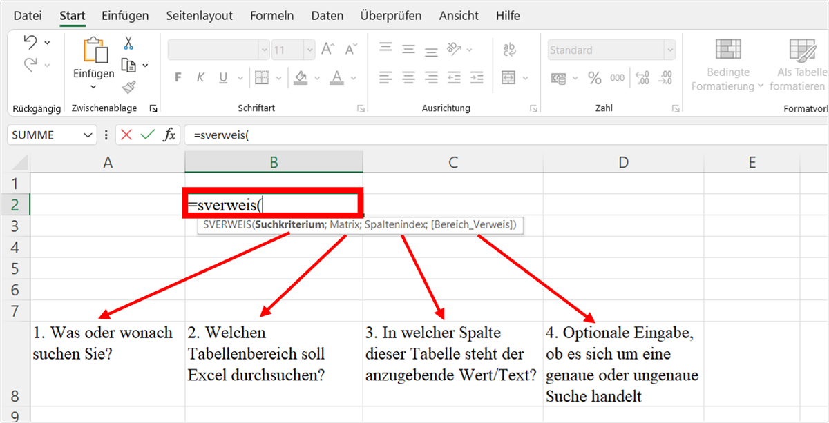 So sieht die Sverweis-Formel in Excel aus. Die vier Angaben müssen Sie nacheinander in die Formel eingeben, damit Excel weiß, nach was und wo es nachschlagen soll. Bild: Microsoft Excel, Büro-Kaizen.