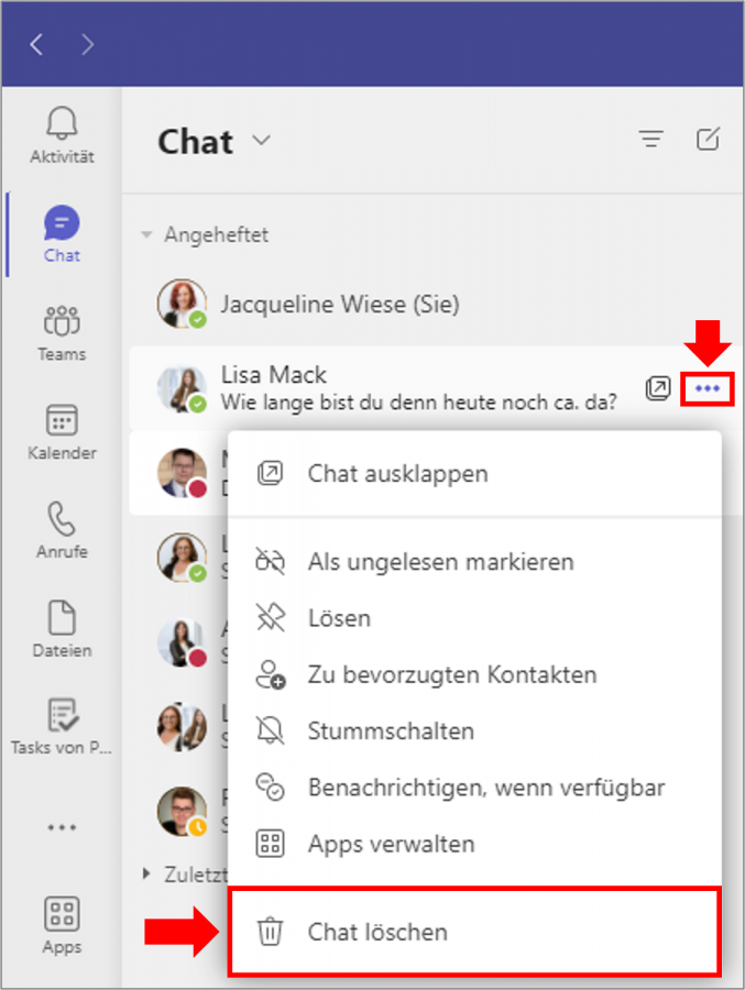 Teams Chatverlauf löschen: Mit der Funktion "Chat löschen", entfernen Sie den Chat aus Ihrer Chatliste.