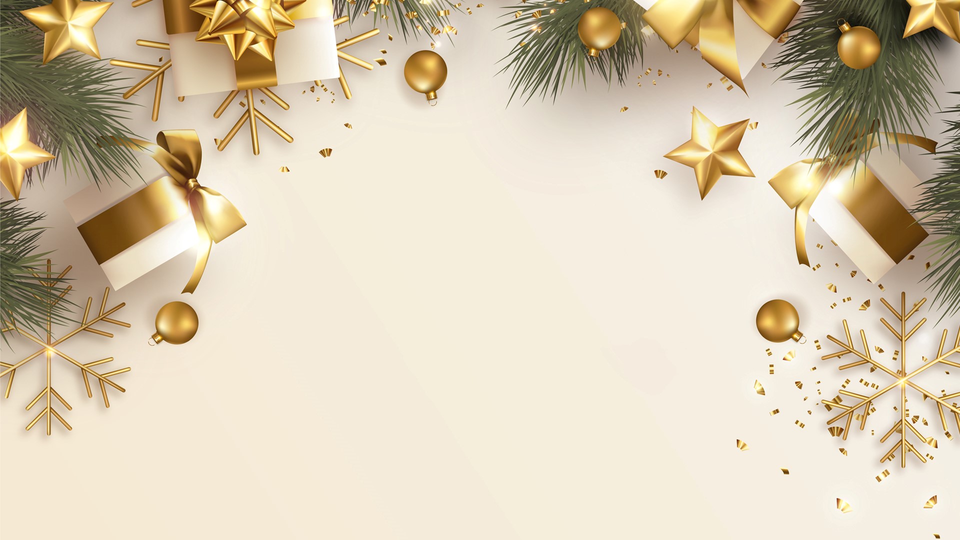 Teams Hintergrund Vorlagen Weihnachten: Tannenzweige mit goldener Dekoration. (Bild: Büro-Kaizen)