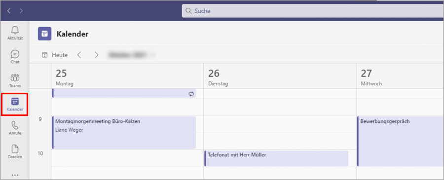Die Kalender-Funktion in dem Teams-Menü am linken Bildschirmrand fehlt in der kostenlosen Microsoft Teams Version.