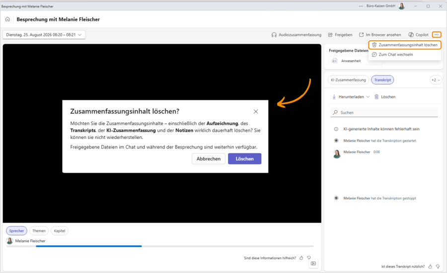 Microsoft Teams Besprechungszusammenfassungen löschen
