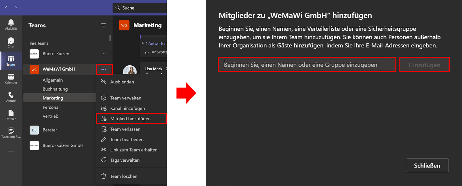 Teams Organisation wechseln: So fügen Sie externe Personen hinzu.