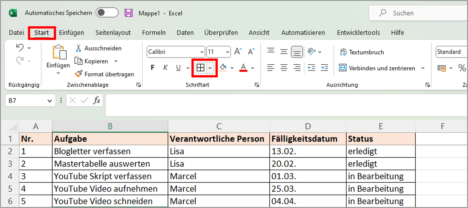 Die vorhandene Tabellenstruktur in Excel ist ideal, um eine To Do Liste zu erstellen, vor allem da Sie in Excel nach Inhalten filtern können.