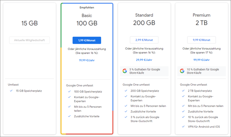 Unterschied Google Drive und OneDrive: kostenpflichte Varianten von Google One.