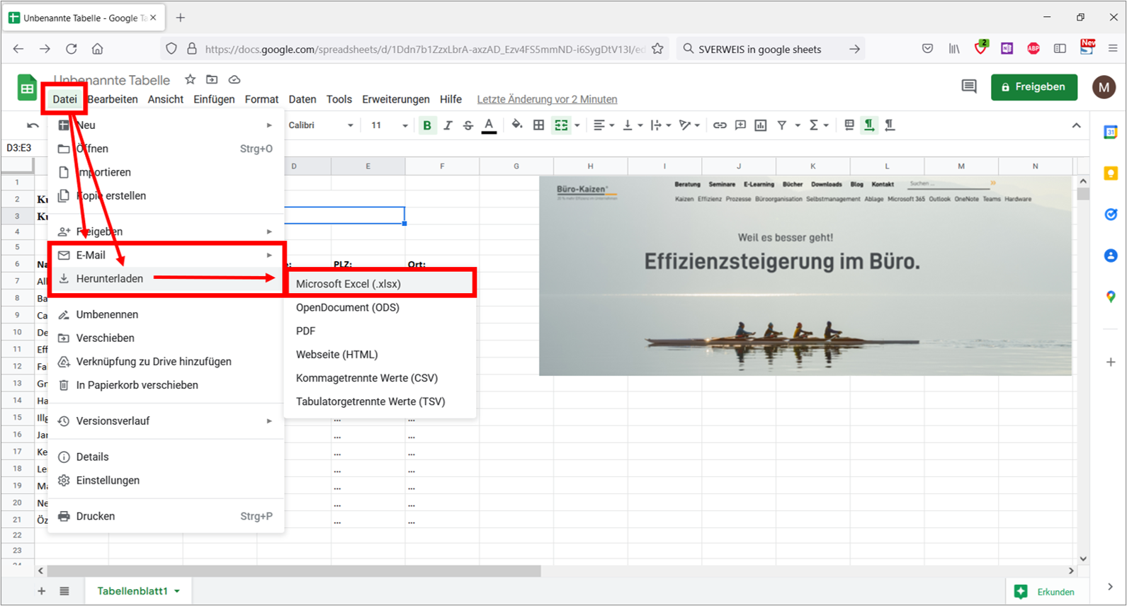 Google Sheets Tabelle in Excel umwandeln