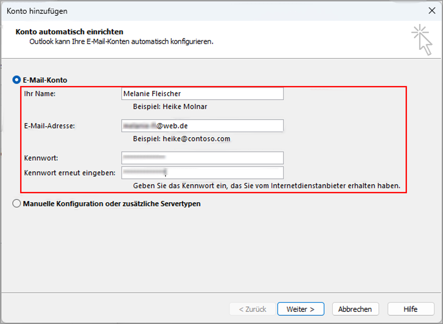 web.de Outlook Kontoinformationen eintragen