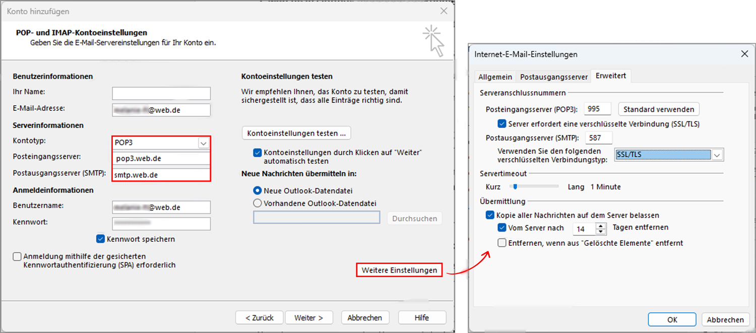 web.de Outlook POP3 Einstellungen