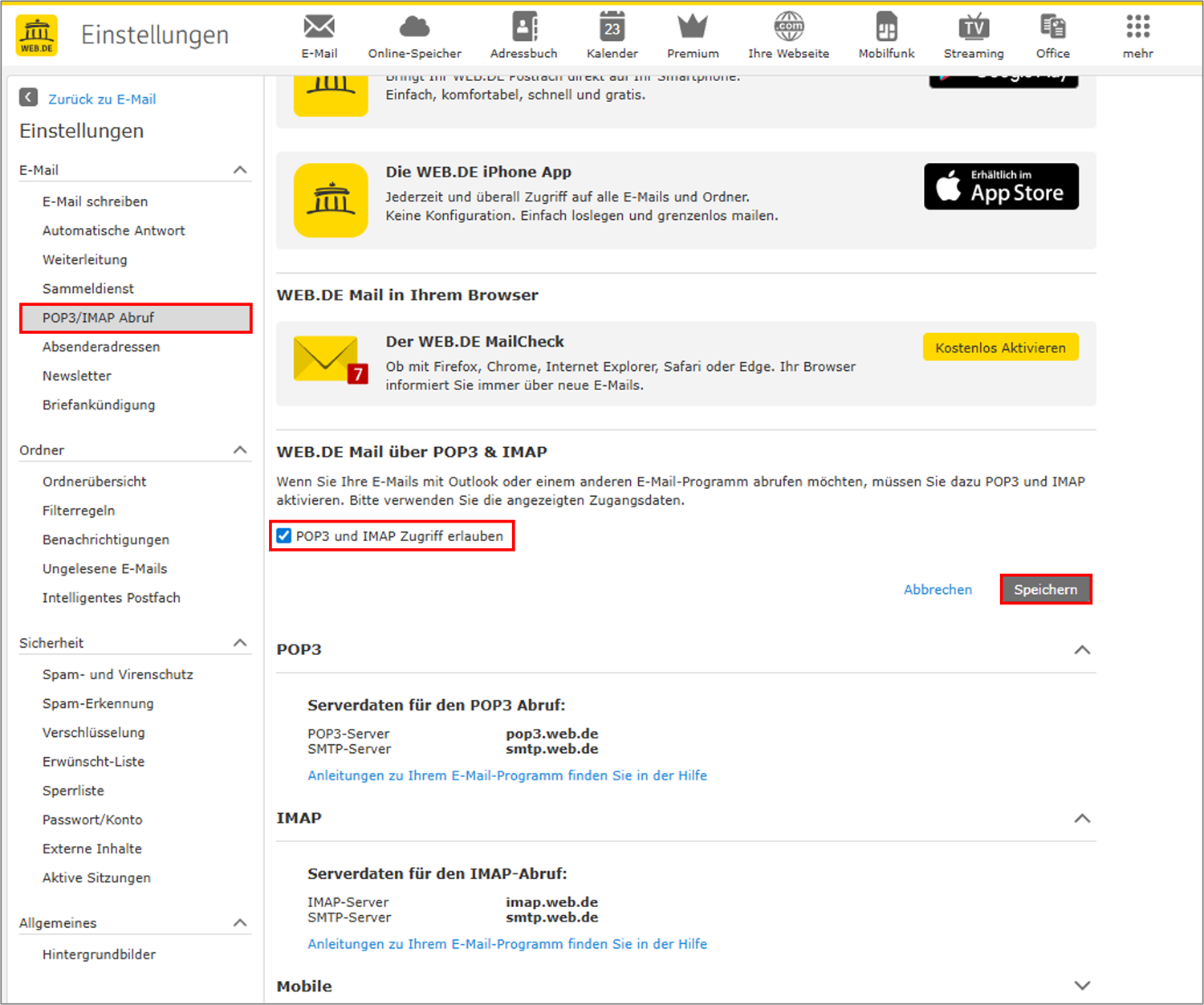 web.de Outlook Web Einstellungen