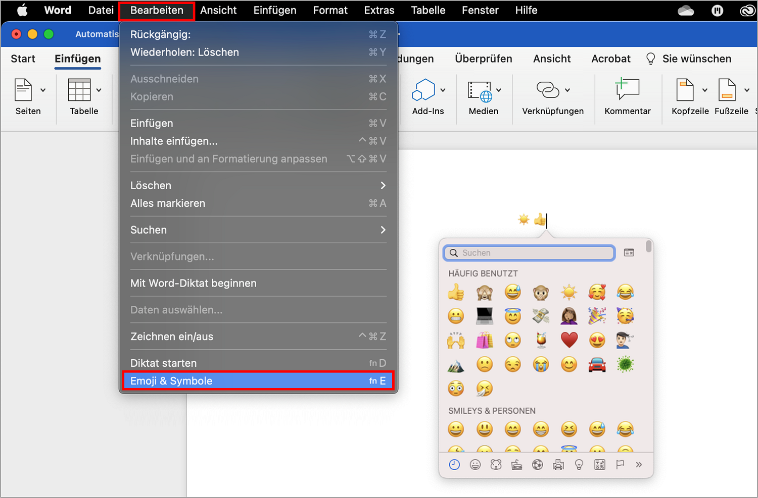 Auf dem MacBook können Emojis in Word über die Menüleiste oder mit einer Tastenkombination eingefügt werden.