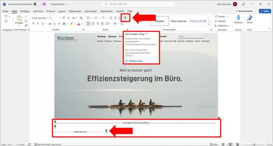 Wenn das Löschen einer Seite in einem Word-Dokument nicht funktioniert, dann liegt das höchstwahrscheinlich an einem Seitenumbruch oder Abschnittswechsel, der dann manuell entfernt werden muss. Bild: Microsoft, Büro-Kaizen.