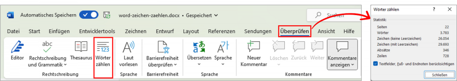 Zeichen & Wörter zählen in Word (Anleitung)